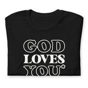 black t-shirt with "God Loves You*" design, atheist, religion (front)
