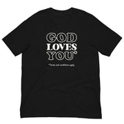 black t-shirt with "God Loves You*" design, atheist, religion (front)
