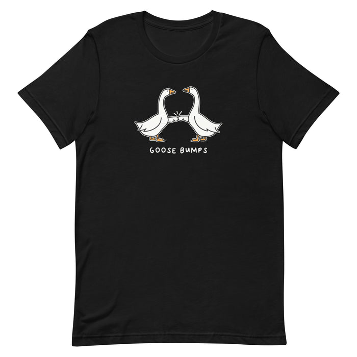 Black "Goose Bumps" t-shirt with two geese fistbumping in a Halloween-themed design.