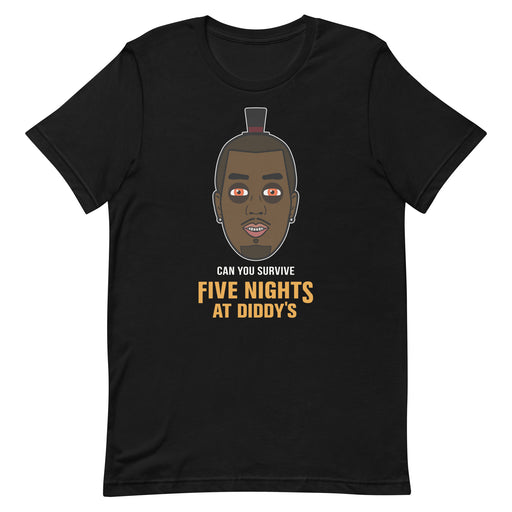 Black Five Nights at Diddy’s Halloween t-shirt featuring a caricature of P Diddy and text referencing "Five Nights at Freddy's."