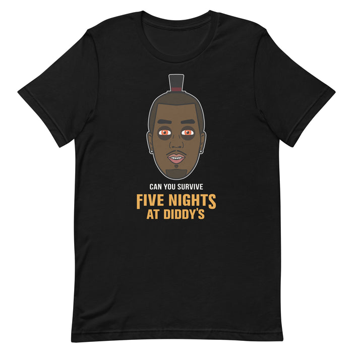 Black Five Nights at Diddy’s Halloween t-shirt featuring a caricature of P Diddy and text referencing "Five Nights at Freddy's."