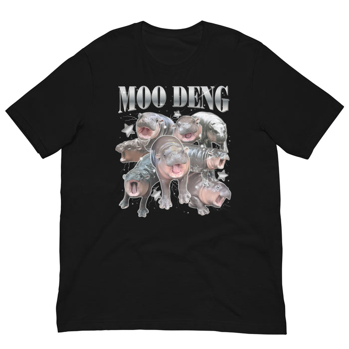 black Moo Deng Retro Bootleg T-Shirt featuring the viral pygmy hippo in a humorous, retro-themed design.
