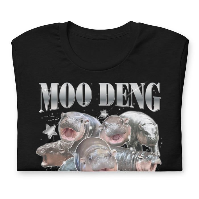 folded black Moo Deng Retro Bootleg T-Shirt featuring the viral pygmy hippo in a humorous, retro-themed design.