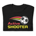 Folded black t-shirt with "Active Shooter" text and a soccer ball graphic.