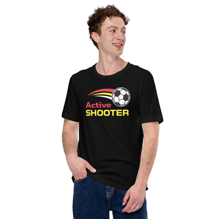 White man wearing a black t-shirt with "Active Shooter" text and a soccer ball graphic.