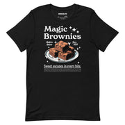 black t-shirt with "Magic Brownies" design, weed (front)