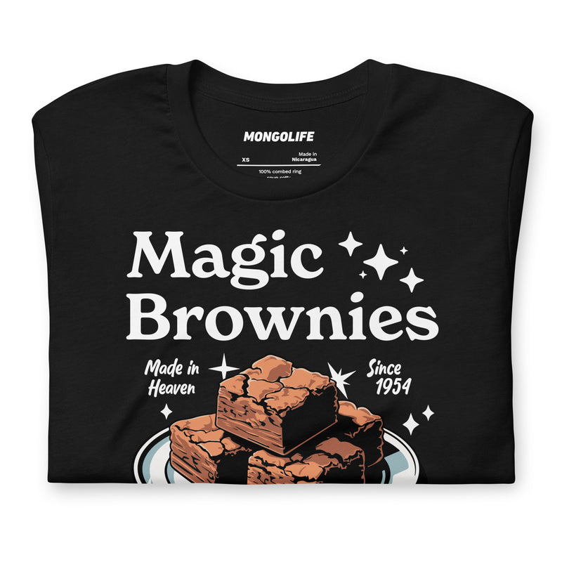 black t-shirt with "Magic Brownies" design, weed (front)