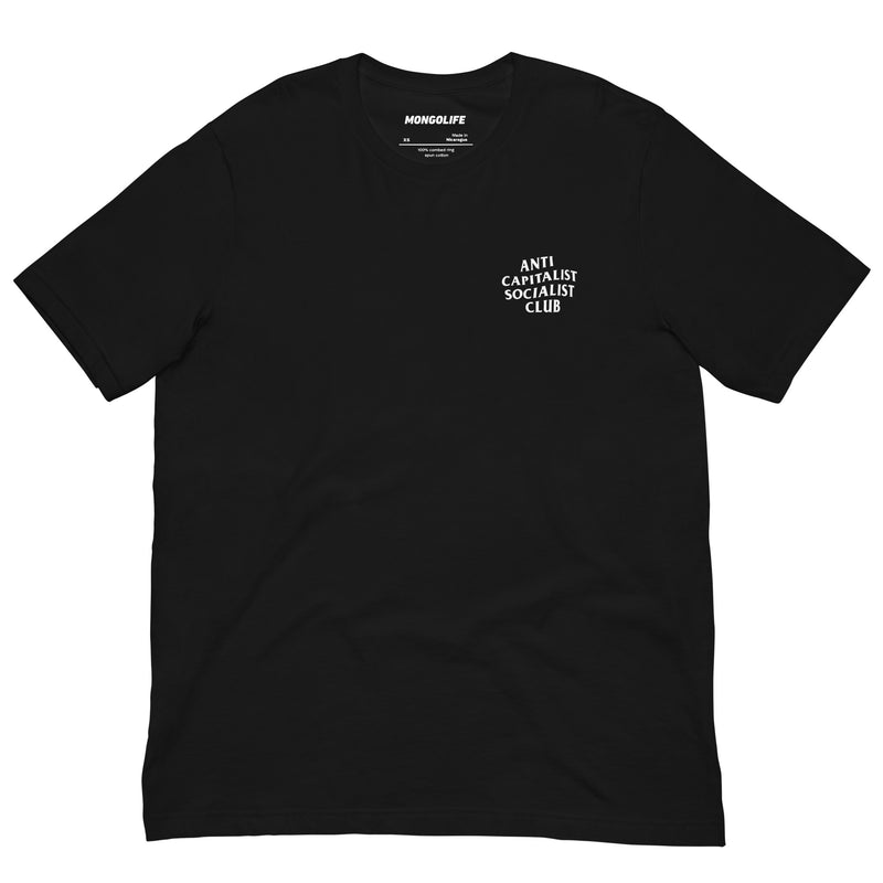 Black Anti-Capitalist Socialist Club T-shirt with a minimalist white chest print featuring bold text.