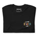 Folded black T-shirt with a small left chest print reading "In My FAFO Era" in colorful retro-style text surrounded by sparkling stars.