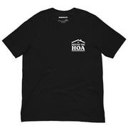 Black T-shirt with a small left chest print featuring a stylized house roof and the text "Defund the HOA" in bold, anti-HOA design.