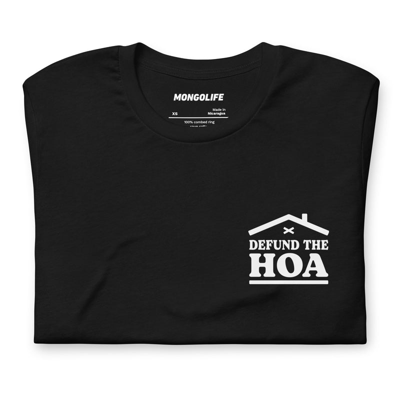 Zoomed-in view of the "Defund the HOA" chest print on a black T-shirt, highlighting the clean lines and sharp contrast of the design.