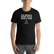 black t-shirt with "I'm Gonna Sniff Your Seat" design, cringe, embarrassing (front)