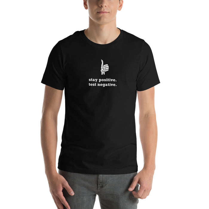model wearing black stay positive test negative t shirt skeleton thumbs up funny sarcastic shirt