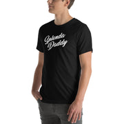 Man wearing a black T-shirt with 'Splenda Daddy' in elegant script font, blending humor with style.