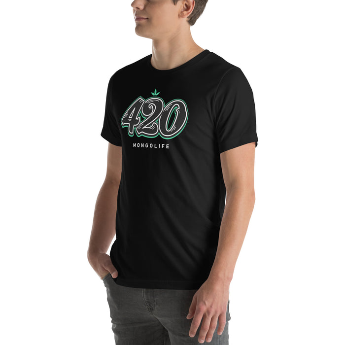 Man wearing a black T-shirt featuring the number "420" in graffiti-style brush lettering, inspired by cannabis culture.