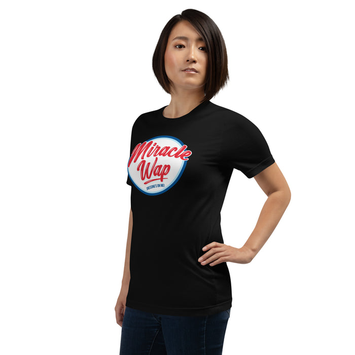 Woman wearing a Miracle Wap t-shirt with parody logo and "Dressing's on me!" text.