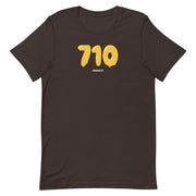 brown t-shirt with "710 Wax" design, weed (front)