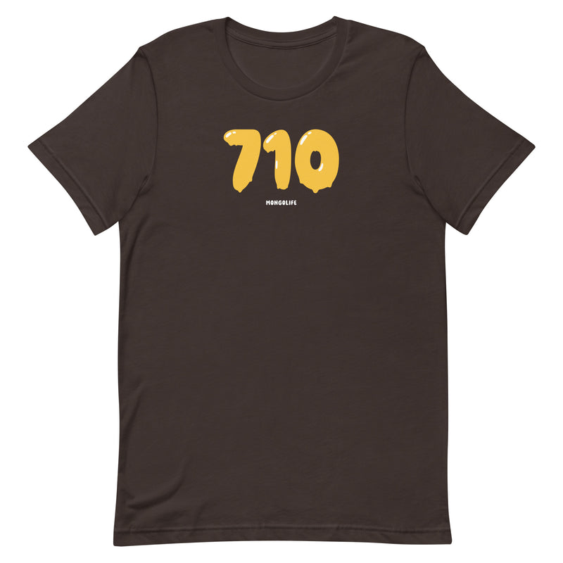 brown t-shirt with "710 Wax" design, weed (front)