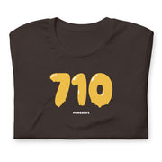 brown t-shirt with "710 Wax" design, weed (front)