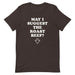 brown "May I Suggest The Roast Beef?" t-shirt with an arrow pointing down.