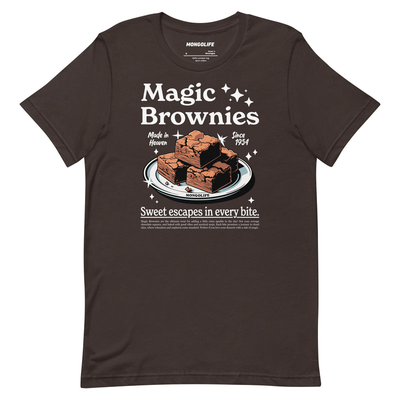 brown t-shirt with "Magic Brownies" design, weed (front)