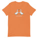 Burnt orange "Goose Bumps" t-shirt with two geese fistbumping in a Halloween-themed design.