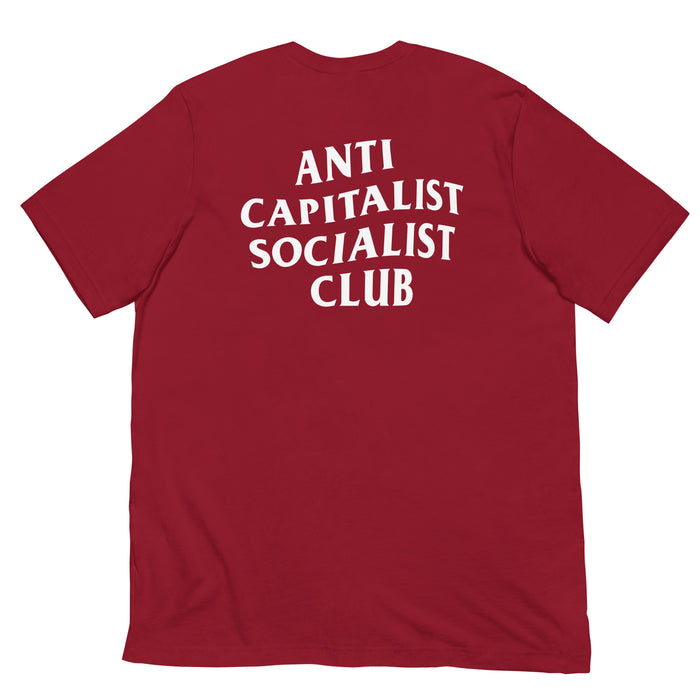 Cardinal red Anti-Capitalist Socialist Club T-shirt with a striking back design in bold white text.