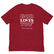 cardinal t-shirt with "God Loves You*" design, atheist, religion (front)