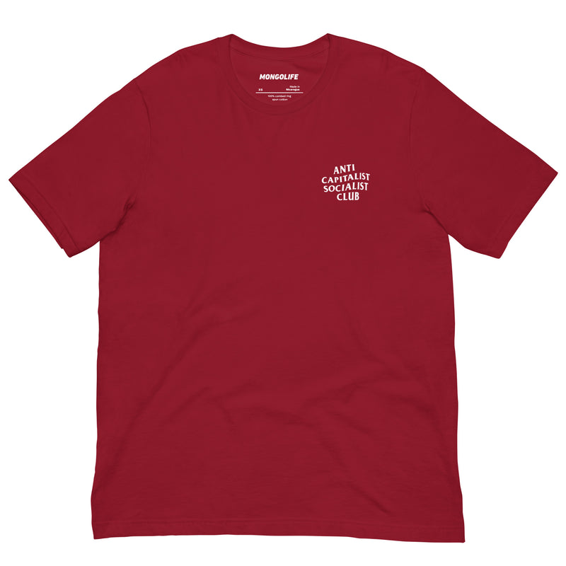 Cardinal red Anti-Capitalist Socialist Club T-shirt showcasing bold white chest print.