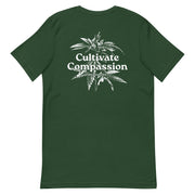 forest t-shirt with "Cultivate Compassion" design, weed (back)
