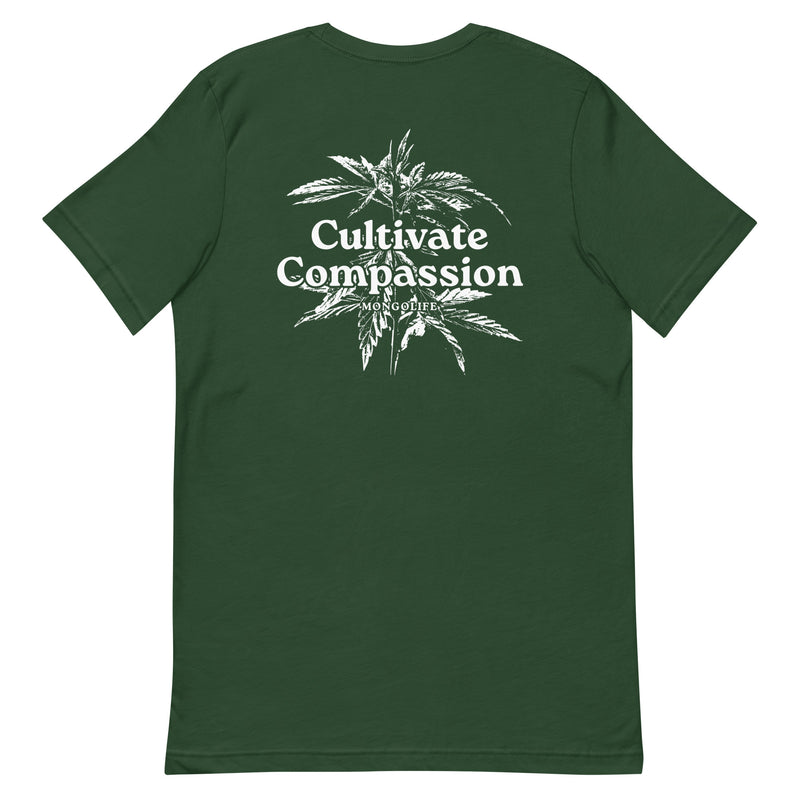 forest t-shirt with "Cultivate Compassion" design, weed (back)