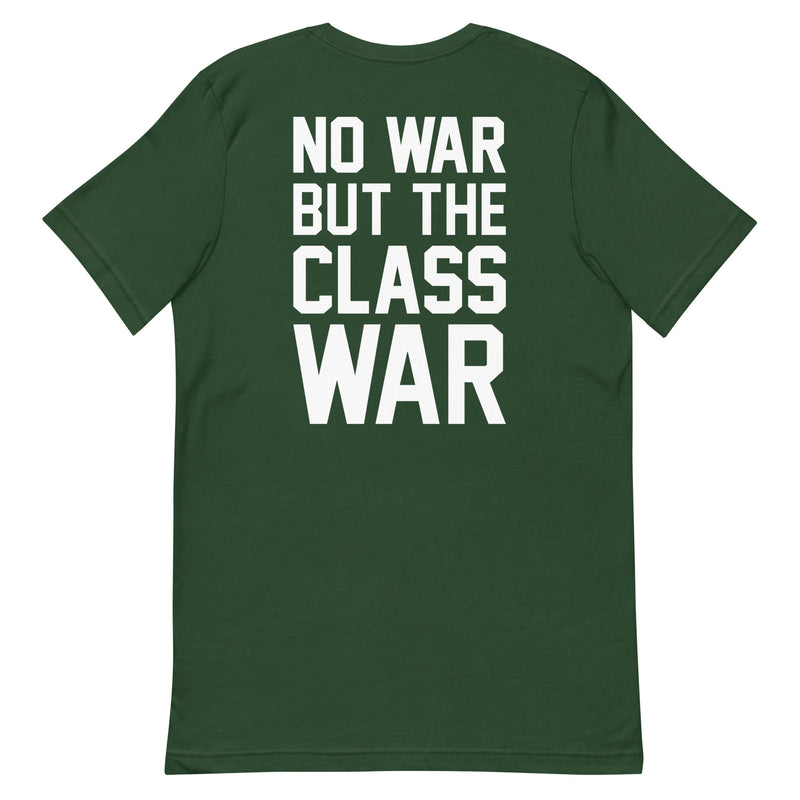 forest t-shirt with "No War But Class War" design, anti-capitalism, political (back)