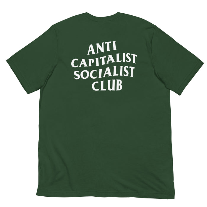 Forest green Anti-Capitalist Socialist Club T-shirt with a striking back design in bold white text.