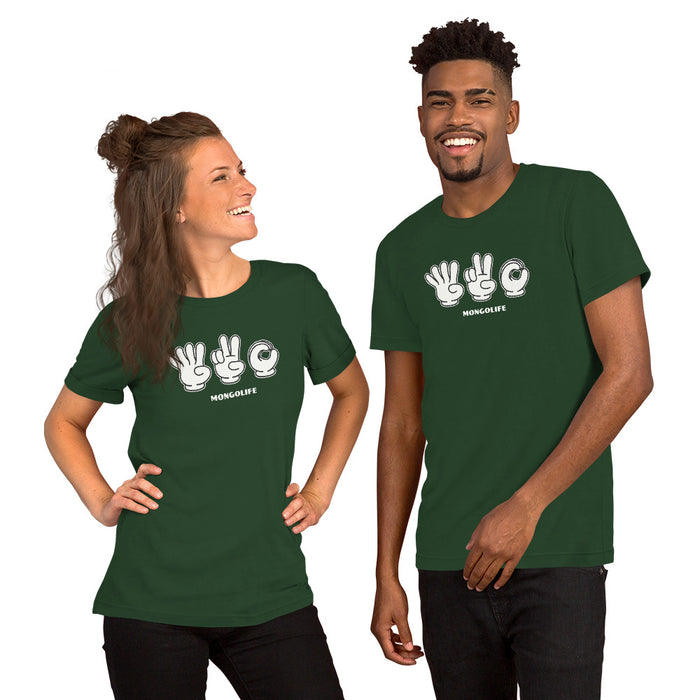 Couple wearing green  T-shirt featuring 420 in sign language with cartoon-style gloved hands.