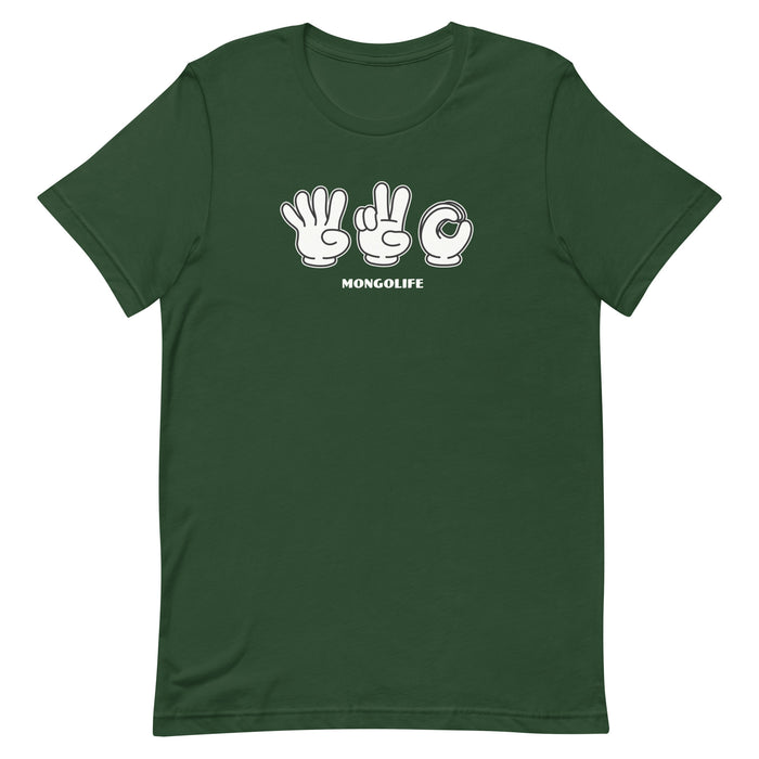 Forest green  T-shirt featuring 420 in sign language with cartoon-style gloved hands.