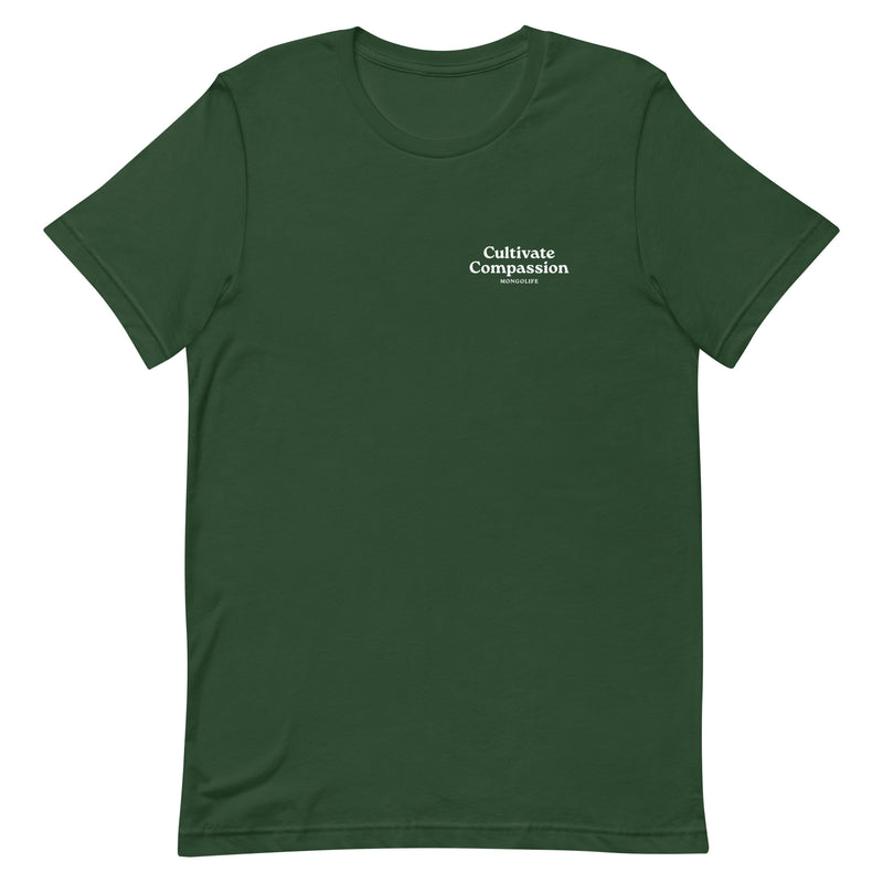 forest t-shirt with "Cultivate Compassion" design, weed (front)