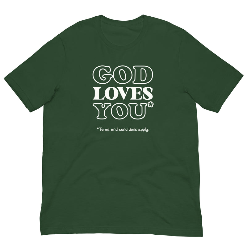 forest t-shirt with "God Loves You*" design, atheist, religion (front)
