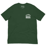 Forest green T-shirt with a small left chest print of "Defund the HOA" in a bold, rebellious style.