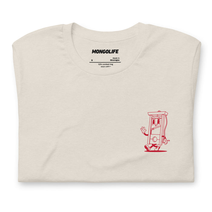 Heather dust T-shirt with a small guillotine cartoon character symbolizing justice and satire on the left chest.