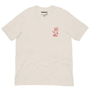 Heather dust T-shirt with a small guillotine cartoon character symbolizing justice and satire on the left chest.