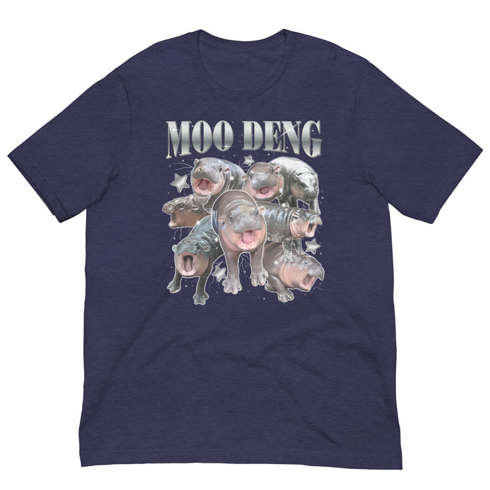 heather midnight navy color Moo Deng Retro Bootleg T-Shirt featuring the viral pygmy hippo in a humorous, retro-themed design.