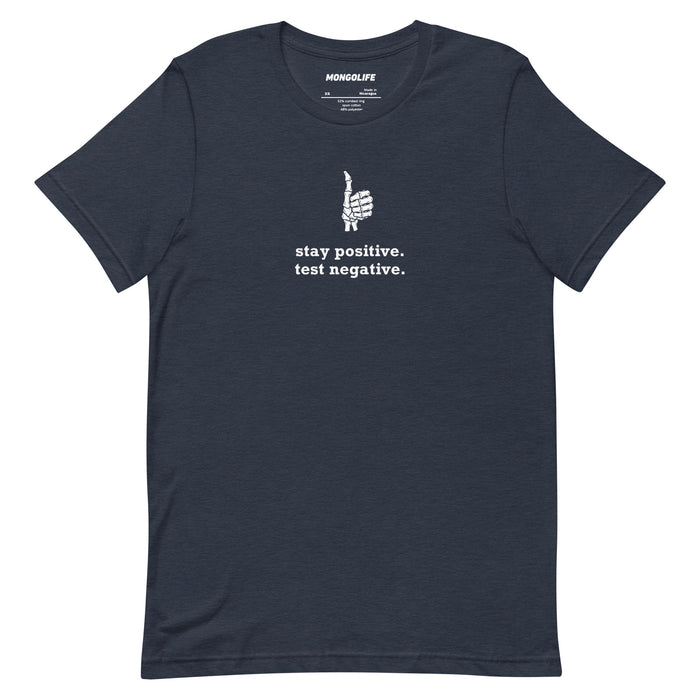 heather navy stay positive test negative t shirt skeleton thumbs up funny quote tee