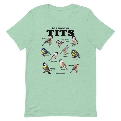 Heather prism mint T-shirt with the design "Get A Load of My Tits" and illustrations of different birds labeled as "tits."