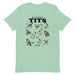 Heather prism mint T-shirt with the design "Get A Load of My Tits" and illustrations of different birds labeled as "tits."