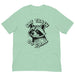 Funny Eat Trash Do Crime raccoon illustration on a T-shirt in Heather Mint color