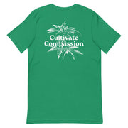 kelly t-shirt with "Cultivate Compassion" design, weed (back)