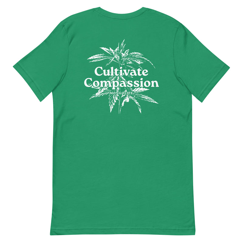 kelly t-shirt with "Cultivate Compassion" design, weed (back)