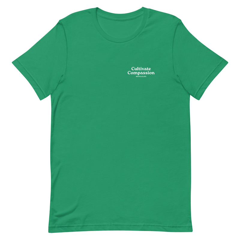 kelly t-shirt with "Cultivate Compassion" design, weed (front)