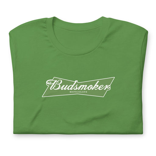 folded green t-shirt with Budsmoker parody logo, blending cannabis and beer culture humor.