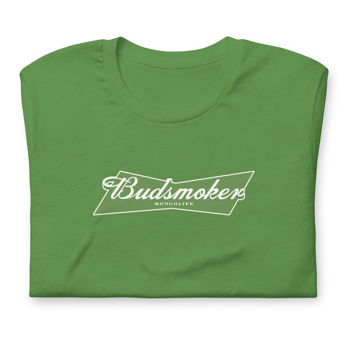folded green t-shirt with Budsmoker parody logo, blending cannabis and beer culture humor.